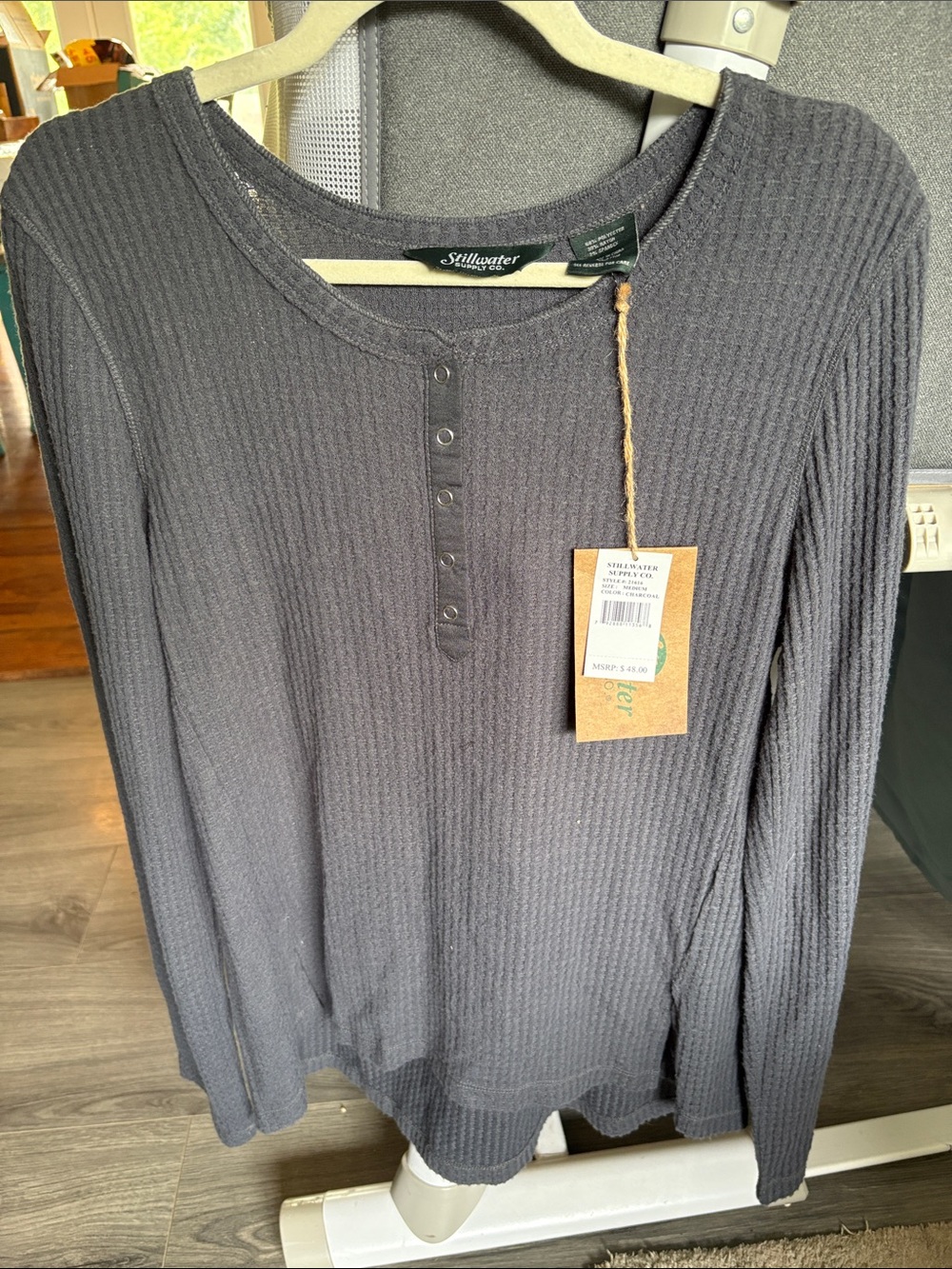 Stillwater Waffle-Knit Long Sleeve Henley - Charcoal
